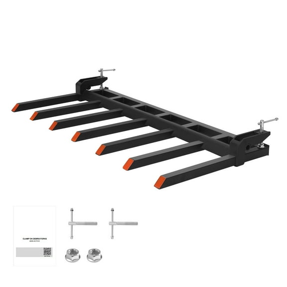 KFFKFF 68.5" Clamp-On Debris Forks for Buckets, 7 Tines, 4560 lbs Capacity, Durable Pallet Forks for Tractor Loaders and Skid Steers, Bolt-On Attachments for Clearing Yard Waste and Debris
