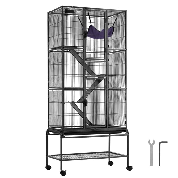 KFFKFF 69" Mobile Ferret Enclosure, Spacious 4-Level Critter Habitat, Compact Animal Pen with Inclines & Tray, Simple Assembly for Pet Rodents, Hamsters, Guinea Pigs, Chinchillas, Squirrels