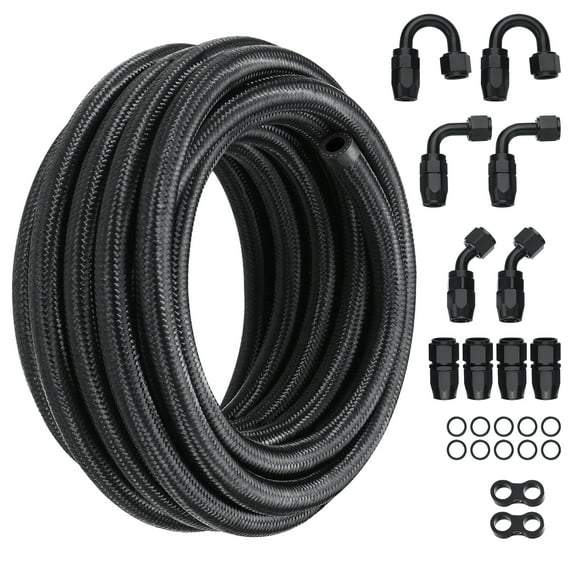 KFFKFF 6AN Fuel Line Kit, 20 FT Hose, 0.34" Nylon & Stainless Steel Braided for Oil/Gas/Diesel, Includes 12 PCS Swivel Adapter Fittings, Black