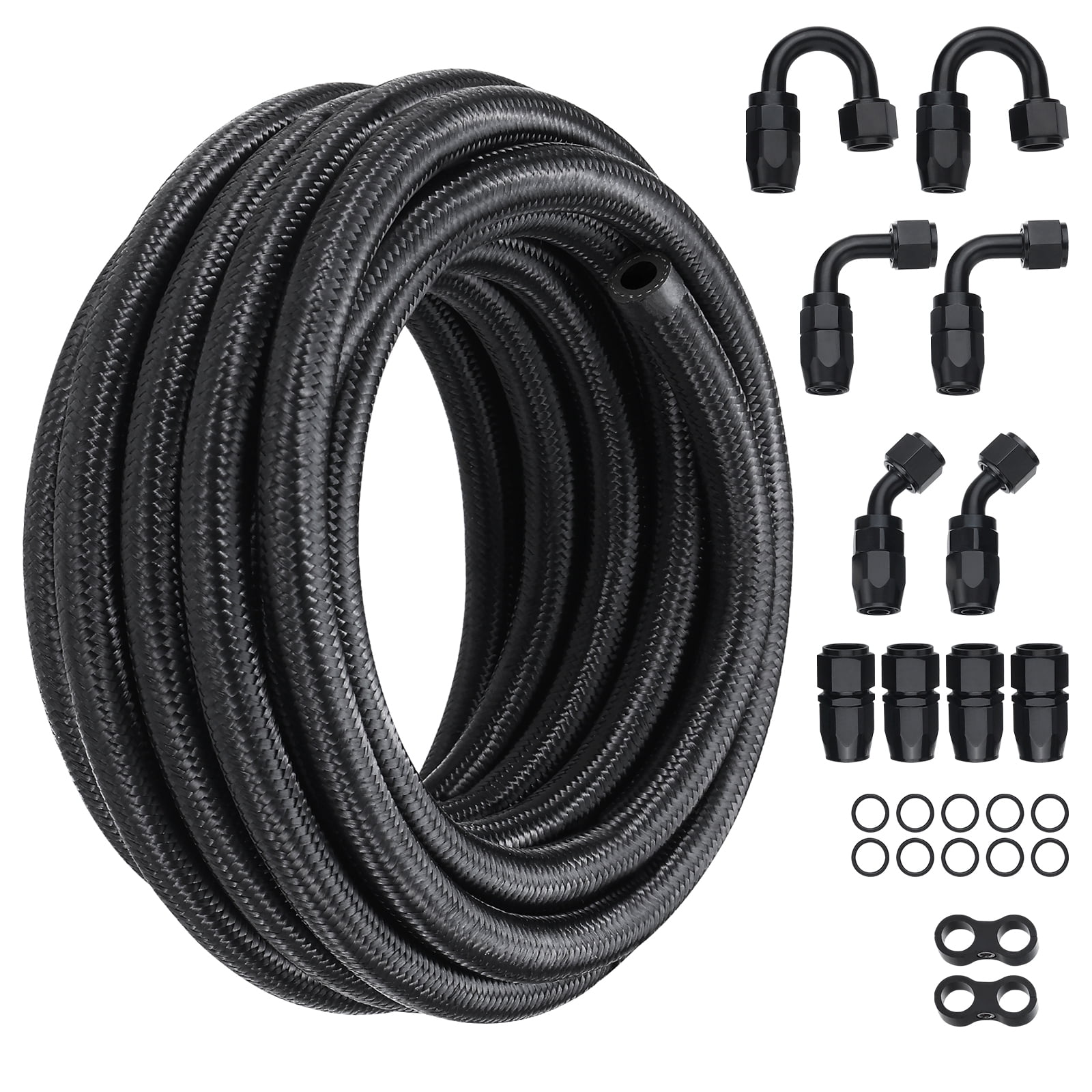 KFFKFF 6AN Fuel Line Kit, 20 FT Hose with Nylon and Stainless Steel Braiding, 0.34" Oil/Gas/Diesel Fuel Hose, Includes 12 Swivel Fitting Adapters, Black