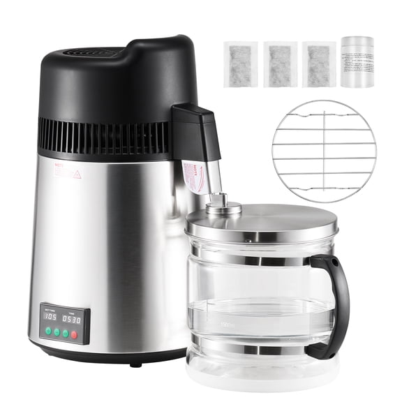 KFFKFF 6L 1.6 Gallon Water Distiller with 900W Power, Countertop Purifier for Home Use, Glass Pot and Stainless Steel Interior, Efficient Machine for Producing Clean Drinking Water, Silver