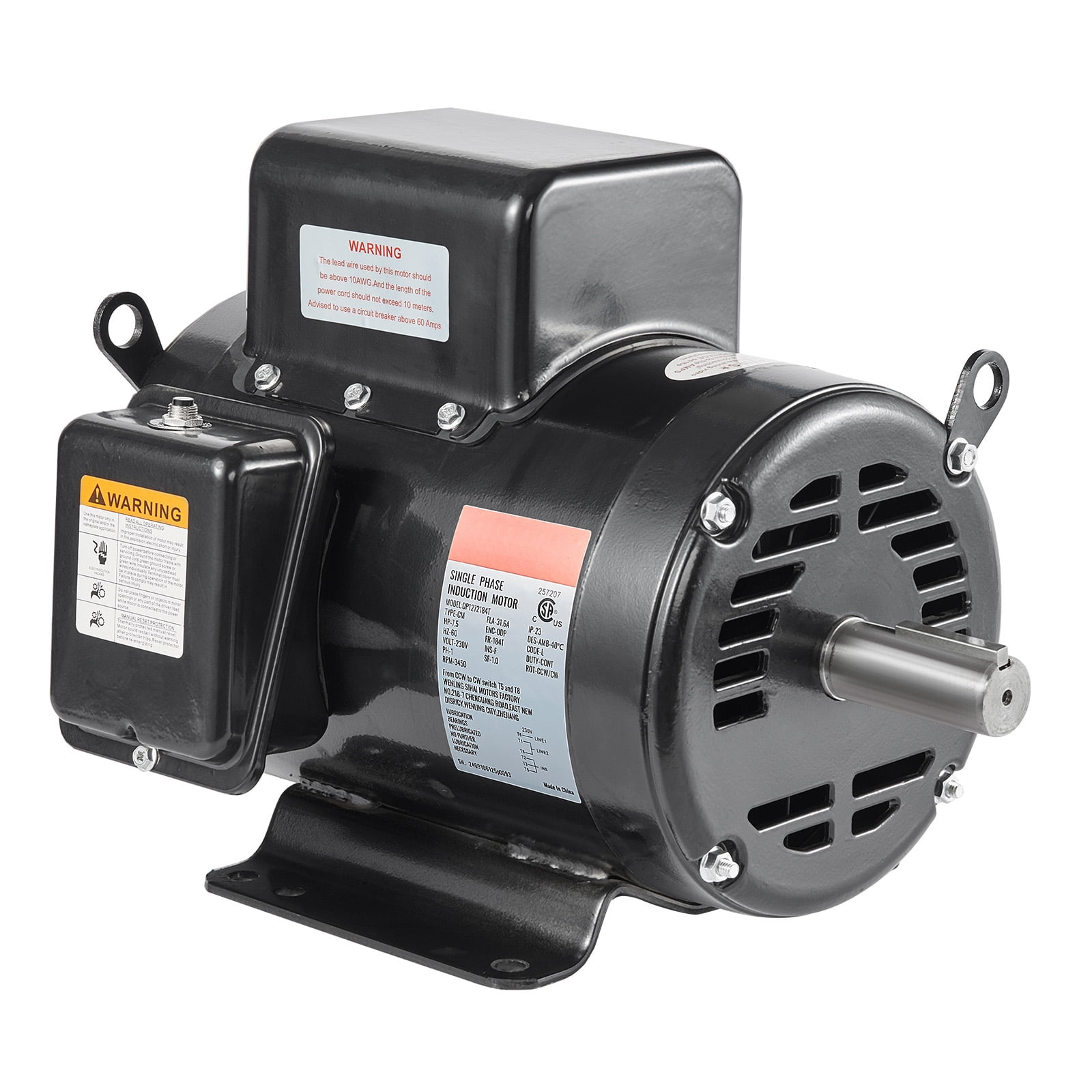 KFFKFF 7.5HP Electric Motor for Air Compressors, 230V 31.6 Amps, 3450RPM, 184T Frame, 1-1/8" Keyed Shaft, 2.75" Shaft Length, Single Phase, Adjustable Rotation (Default CCW)