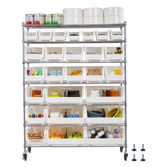KFFKFF 7-Tier Rolling Storage Rack with 26 Organizer Bins, Steel Wire Shelving System on Wheels, Mobile Organizer for Garage, Warehouse, Office, Restaurant, Classroom, and Kitchen
