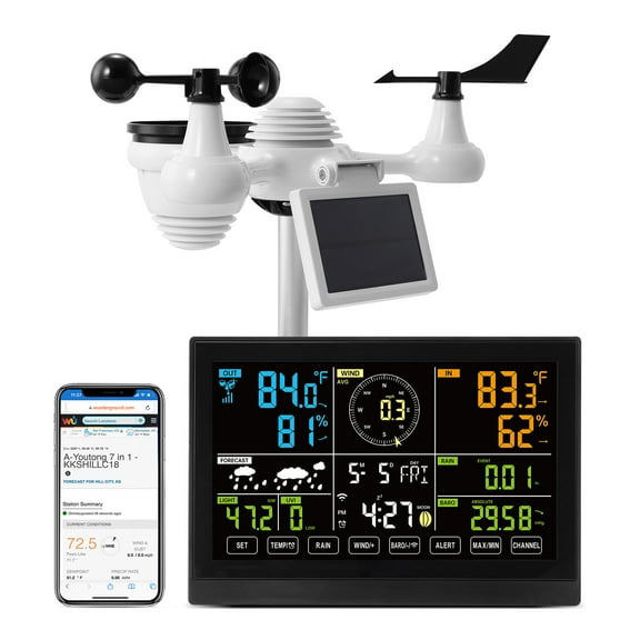 KFFKFF 7 in 1 Wi-Fi Weather Station, 7.5 in Color Display, Wireless Outdoor Sensor