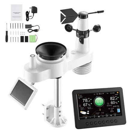 KFFKFF 7-in-1 Wi-Fi Weather Station with 7-Inch TFT Screen, Solar-Powered Wireless Outdoor Sensor, Rain Gauge, and Indoor-Outdoor Monitoring for Weather Updates, Wind, Temperature, Humidity
