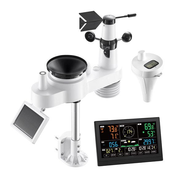 KFFKFF 7-in-1 Wi-Fi Weather Station with App, 7.5-Inch Display, Solar-Powered Outdoor Sensor, Includes Pool Thermometer, Rain Gauge, Indoor and Outdoor Monitoring for Weather Updates, Wind Speed