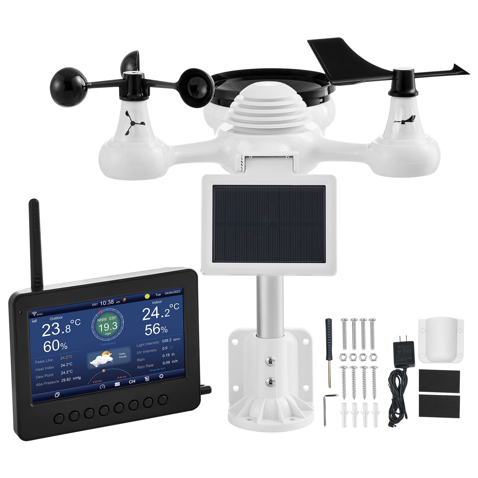 KFFKFF 7 in 1 WiFi Weather Station with Solar Panel, 7 in Color Display for Indoor/Outdoor, TFT Weather Station for Temperature, Humidity, Wind, Rainfall and Forecast