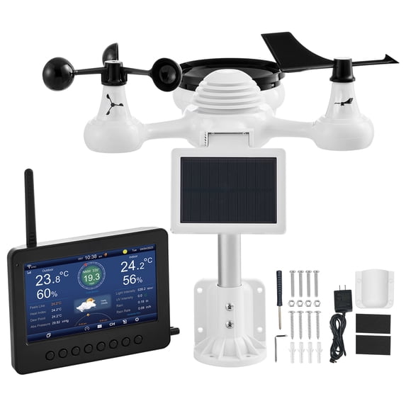 KFFKFF 7 in 1 WiFi Weather Station with Solar Panel, 7 in Color Display for Indoor/Outdoor, TFT Weather Station for Temperature, Humidity, Wind, Rainfall and Forecast