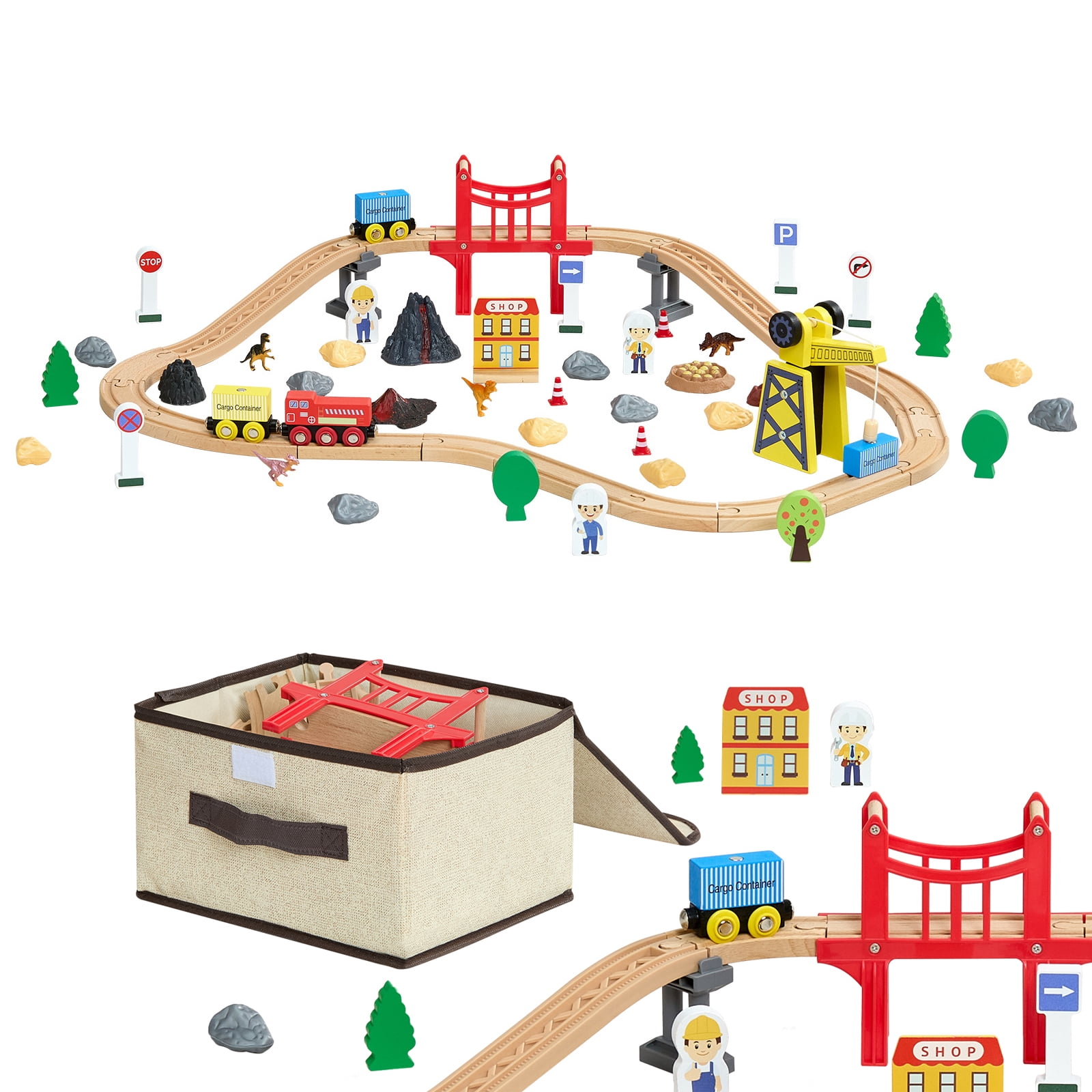 KFFKFF 70PCS Wooden Train Set with Magnetic Crane, Wooden Railway Track Toy for Kids Ages 3-8, Construction Crane Playset, Compatible with Popular Brands,Ideal Christmas or Birthday Gift for Toddlers