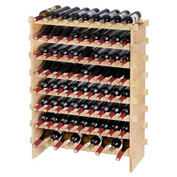 KFFKFF 72 Capacity Wine Organizer, 8-Level Sturdy Bamboo Wood Storage Stands, Ground-Based Wine Bottle Display Rack, Stable Shelves for Kitchen, Bar, and Basement (Neutral Hue)