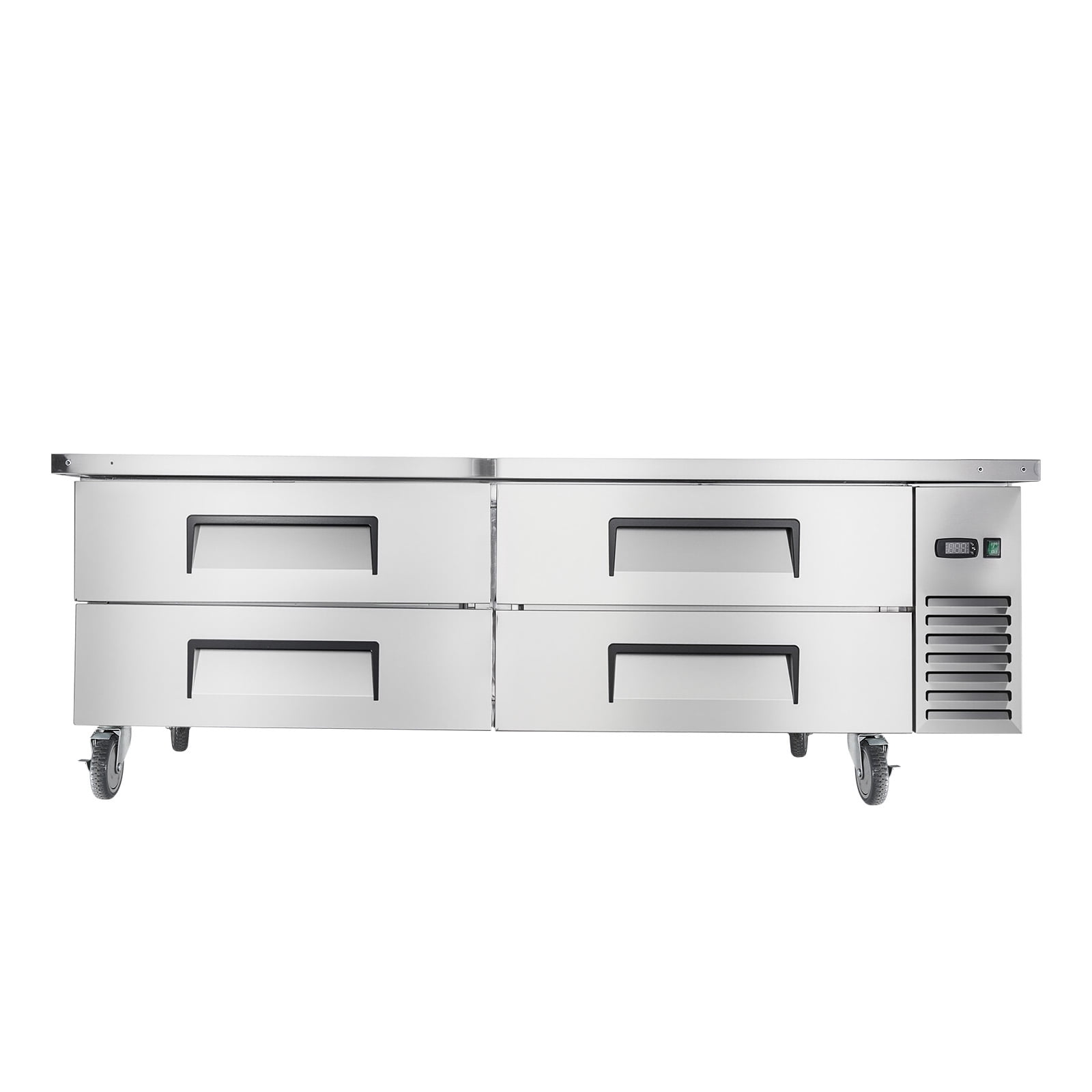KFFKFF 72" Wide Commercial Chef Base Refrigerator, 4-Drawer Stainless Steel Worktop Fridge with 12 Pans, Durable Refrigerated Base Featuring Hidden Door Handles