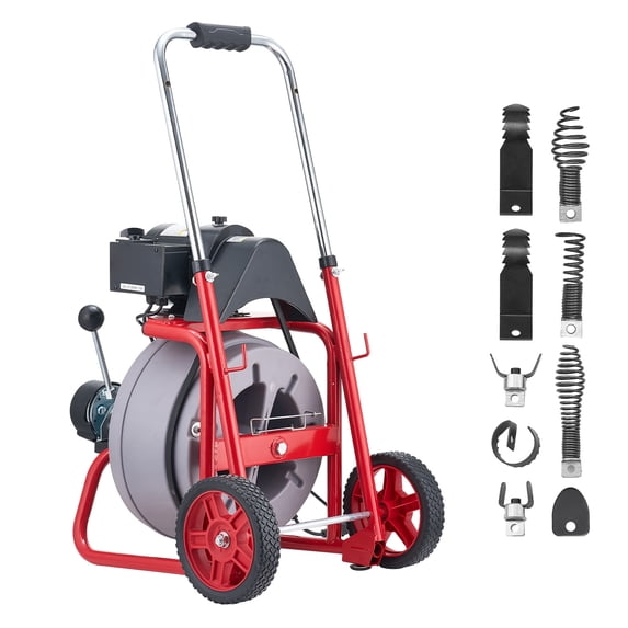 KFFKFF 75 FT x 3/8 Inch Drain Cleaner Machine with Auto-Feed, Portable Sewer Snake with 8 Cutters, Air-Activated Foot Switch, and Wheels for 2" to 4" Pipes
