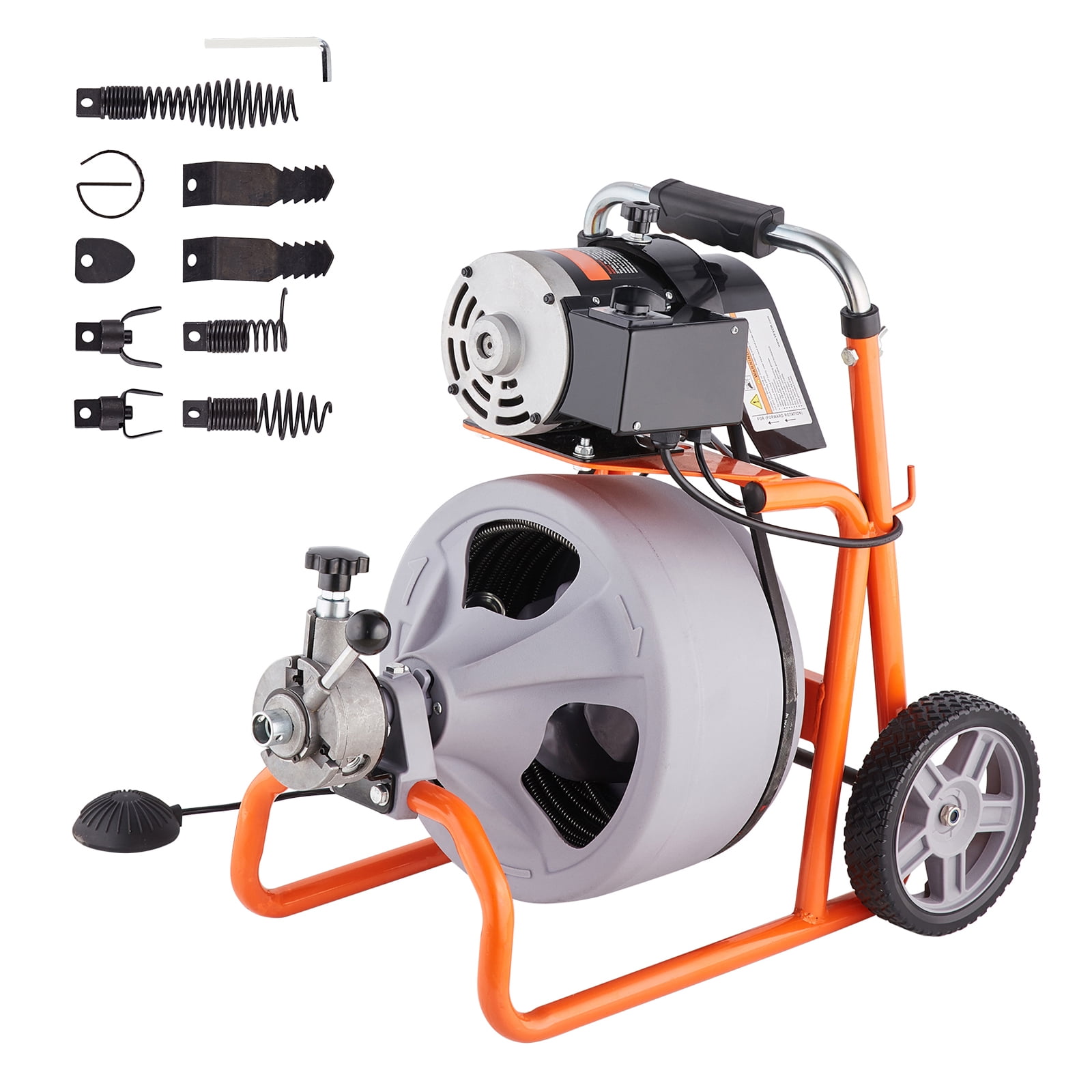 KFFKFF 75FT x 3/8 Inch Drain Cleaner Machine with Auto-Feed, Portable Sewer Snake on Wheels, Drain Cleaning Tool with 8 Cutters & Foot-Activated Switch for 2" to 4" Pipes