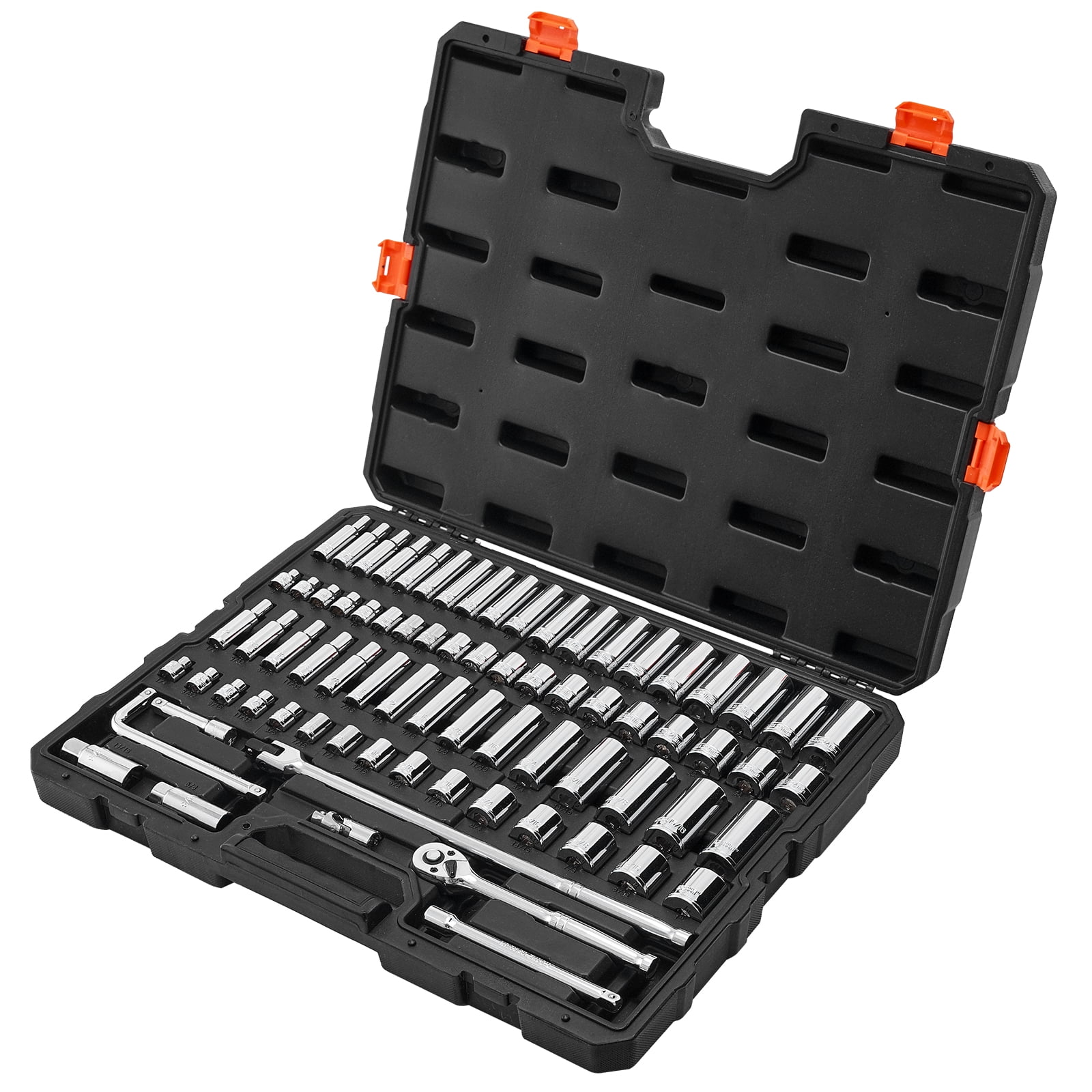 KFFKFF 76-Piece Socket and Ratchet Set, 3/8 Inch Drive, SAE and Metric Sizes, Includes Deep and Shallow Sockets, Mechanic Tool Kit with Accessories and Carrying Case, CR-V Steel