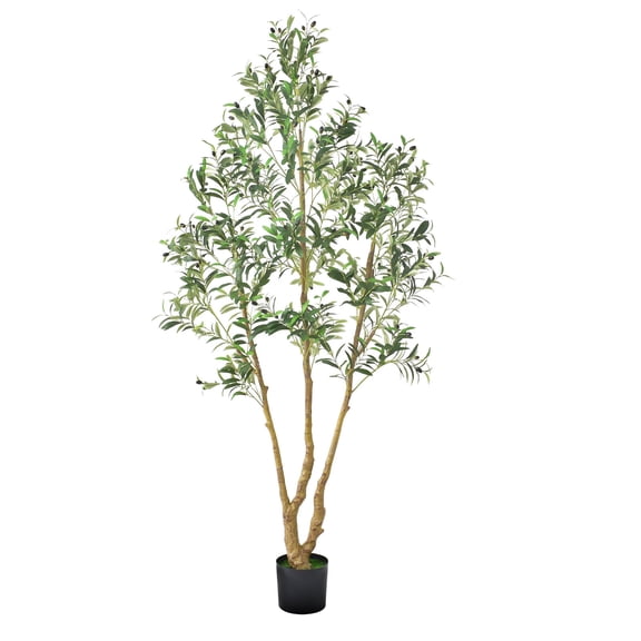 KFFKFF 7FT Artificial Olive Tree with Black Pot, Tall Faux Plant Featuring Natural Wood Trunk, Realistic Green Leaves, and Decorative Fruits, Ideal for Indoor Spaces like Home, or Living Room Corners