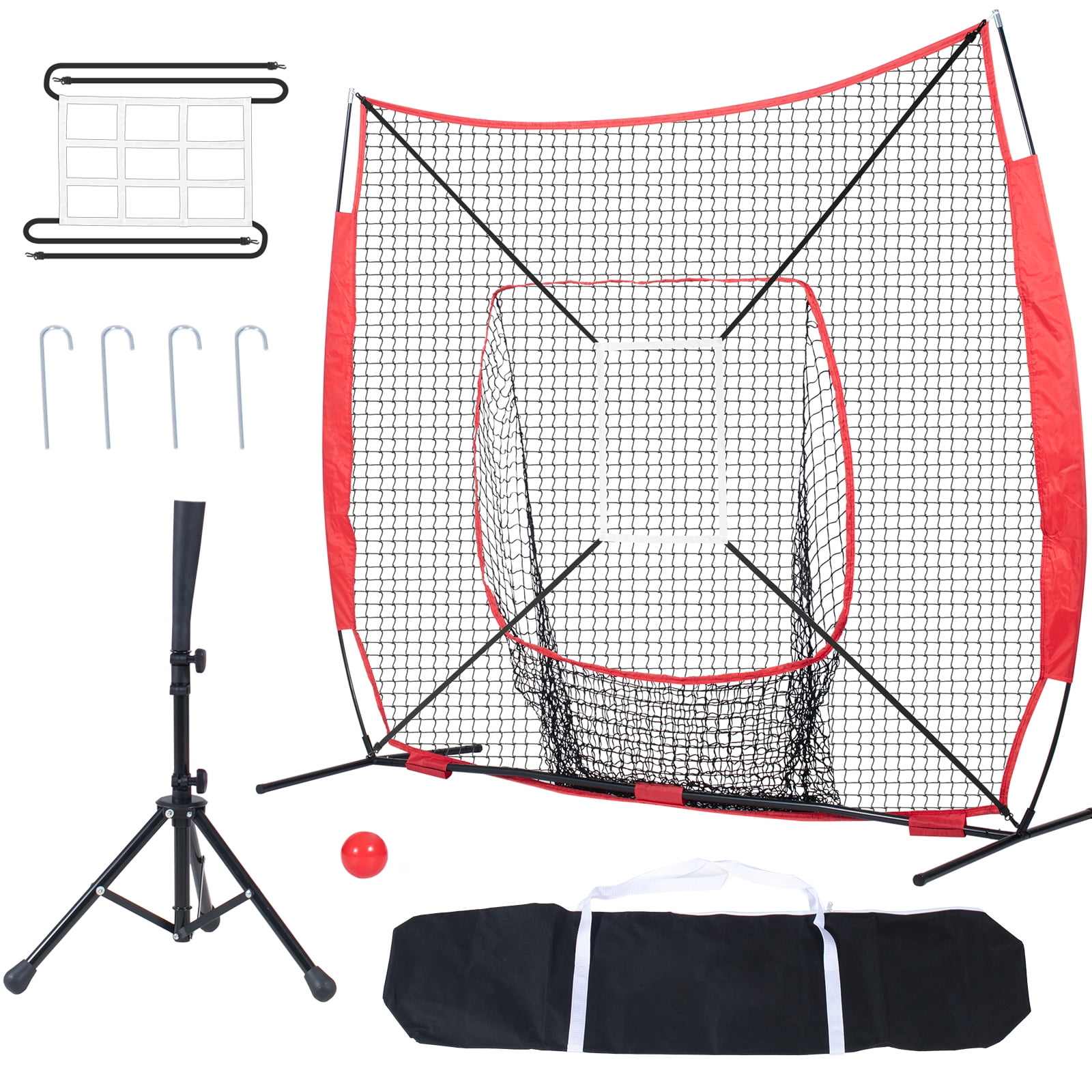 KFFKFF 7x7 ft Baseball Softball Practice Net, for Batting, Catching, and Pitching, Baseball Backstop Kit with Bow Frame, Transportation Bag, Strike Zone, Ball, and Batting Tee