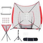 KFFKFF 7x7 ft Baseball and Softball Training Net, Portable Practice Equipment for Hitting, Catching, and Pitching, Includes Bow Frame, Carry Bag, Strike Zone, 12 Balls, Tee, and Ball Collector