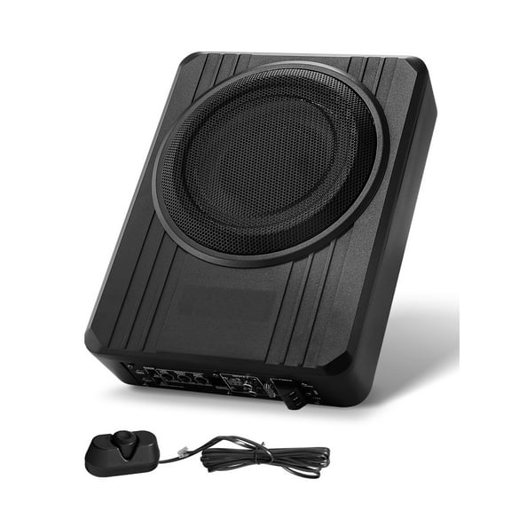 KFFKFF 8" 400W Slim Underseat Car Subwoofer, Compact Powered Subwoofer with Built-in Amplifier, Low Profile Audio Sub with High/Low Level Input & Volume Control for Cars, SUVs, Trucks, RVs