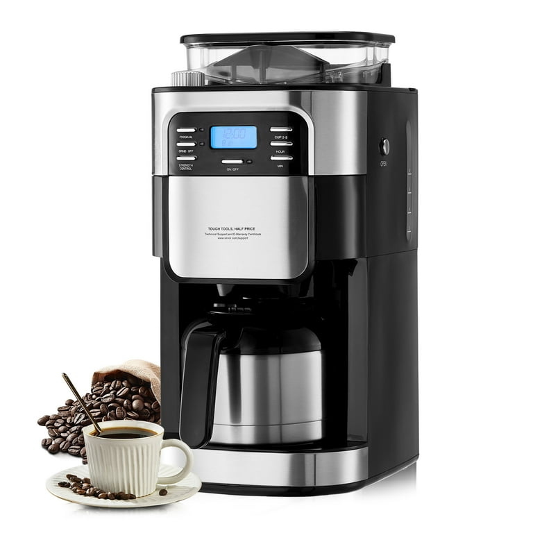 KFFKFF 8 Cup Coffee Maker with Grinder Grind and Brew Coffee Maker with 3  Brew Strength Control 24-Hour Timer for Auto Brew