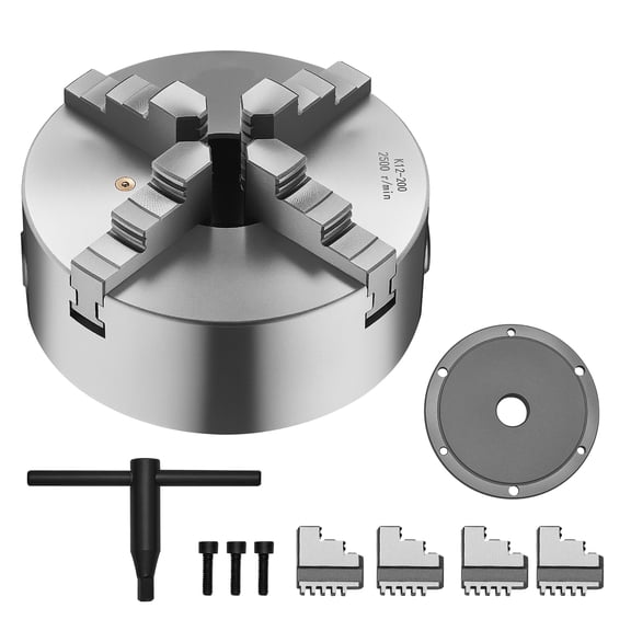 KFFKFF 8in 4-Jaw Lathe Chuck, Self-Centering Design with 1 1/2 in-8 Threaded Backing Plate, 0.16-7.87 in Clamping Range, Includes T-Wrench Screws, Durable HT300 Material