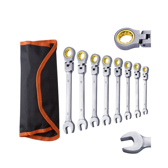 KFFKFF 8-Piece Flex-Head Ratcheting Wrench Set with Roll-Up Pouch, Cr-V Steel Combination Wrenches, Metric Sizes 8 mm to 17 mm, Suitable for Household and Automotive Repairs
