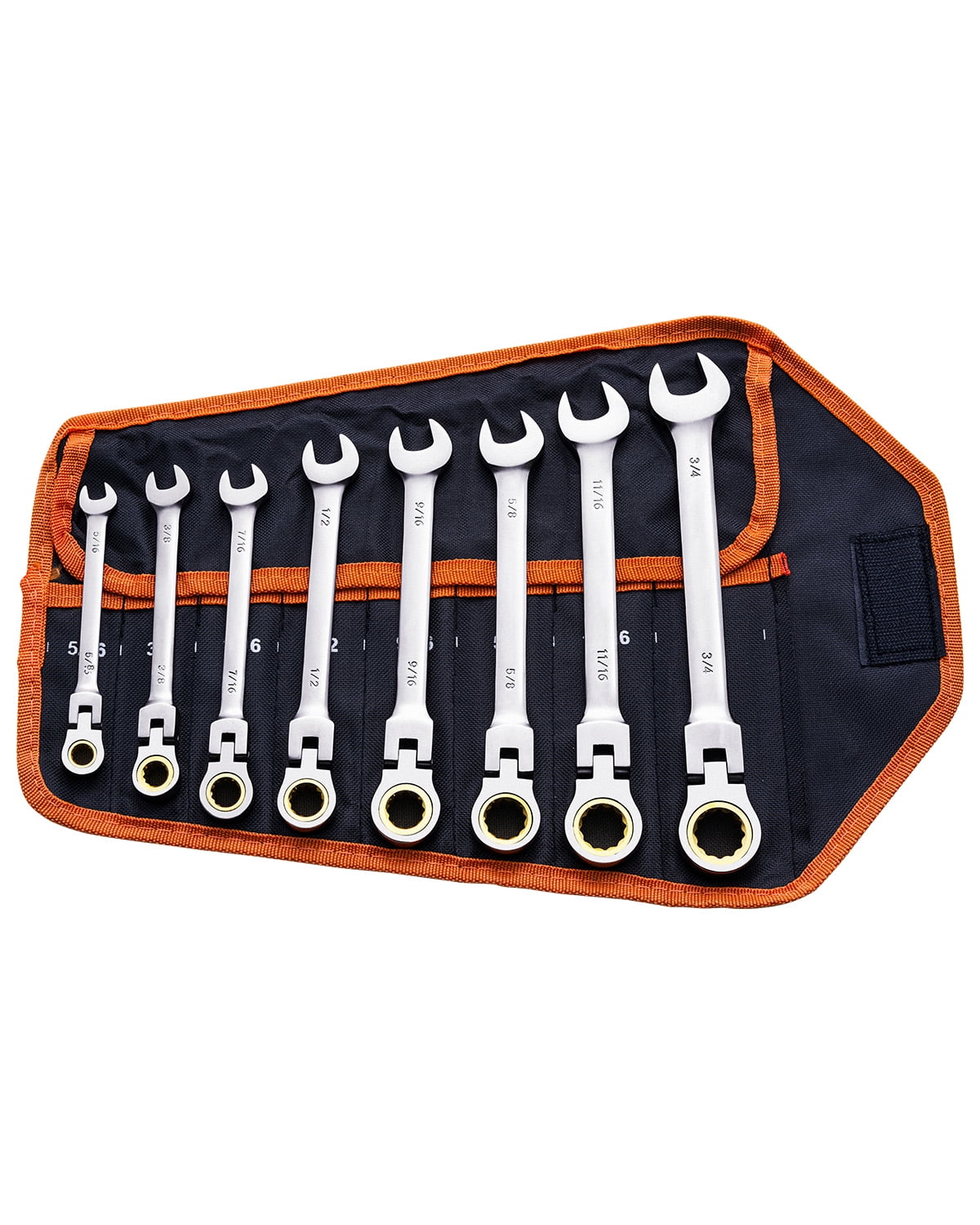KFFKFF 8-Piece Flex-Head Ratcheting Wrench Set with Roll-Up Pouch, Cr-V Steel Combination Wrenches SAE 5/16" to 3/4", Suitable for Home, Workshop, and Garage Use