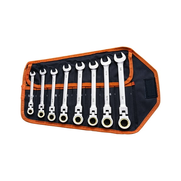 KFFKFF 8-Piece Flex-Head Ratcheting Wrench Set with Roll-Up Pouch, Cr-V Steel Combination Wrenches SAE 5/16" to 3/4", Suitable for Home, Workshop, and Garage Use