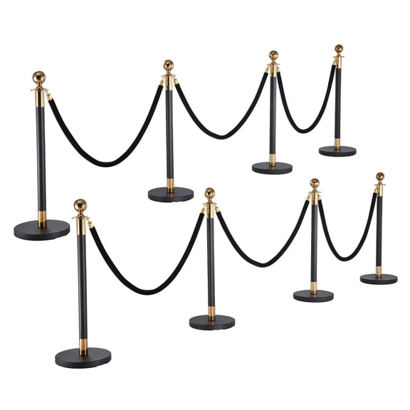 KFFKFF 8-Piece Stanchion Set with 6 Black Velvet Ropes, Durable Stainless Steel Posts with Hollow Base for Crowd Management at Events, Parties, Weddings, and Exhibitions (Black)