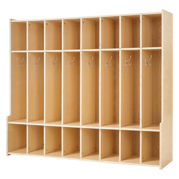 KFFKFF 8-Section Wooden Kids Coat Locker, Toddler Cubby Storage Organizer with 16 Hooks & Anti-Tip Kit, Modern Coat Cubbies with 16 Small Open Compartments for Home, Kindergarten, Daycare