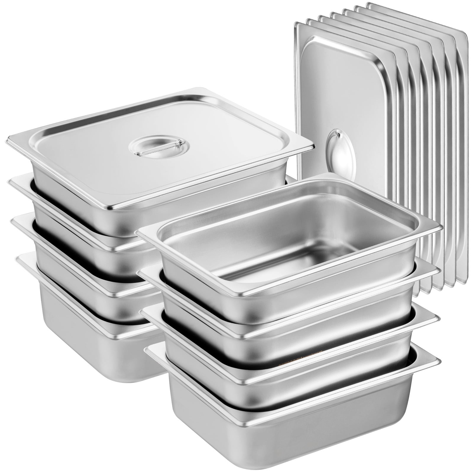 KFFKFF 8 Set Half-Size Steam Table Pans with Covers, 0.8mm Durable Stainless Steel, 4-Inch Depth, Anti-Jam Design, for Catering and Food Storage, Suitable for Commercial Use