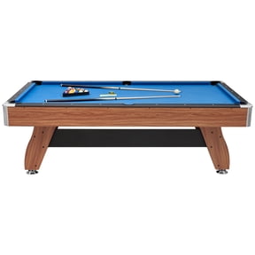KFFKFF 8 ft Portable Billiards Table with Wood Finish, Adjustable Feet, Includes Balls, Cues, Rack, Chalks, Brush, and Blue Cloth, Ideal for Family Fun and Recreation Rooms