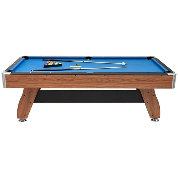 KFFKFF 8 ft Portable Billiards Table with Wood Finish, Adjustable Feet, Includes Balls, Cues, Rack, Chalks, Brush, and Blue Cloth, Ideal for Family Fun and Recreation Rooms