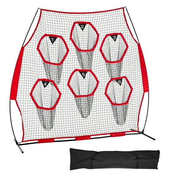 KFFKFF 8 x 8 ft Football Trainer Throwing Net with 6 Target Pockets, Durable Practice Net for Quarterback Accuracy Training, Includes Straps and Portable Carry Case, Red