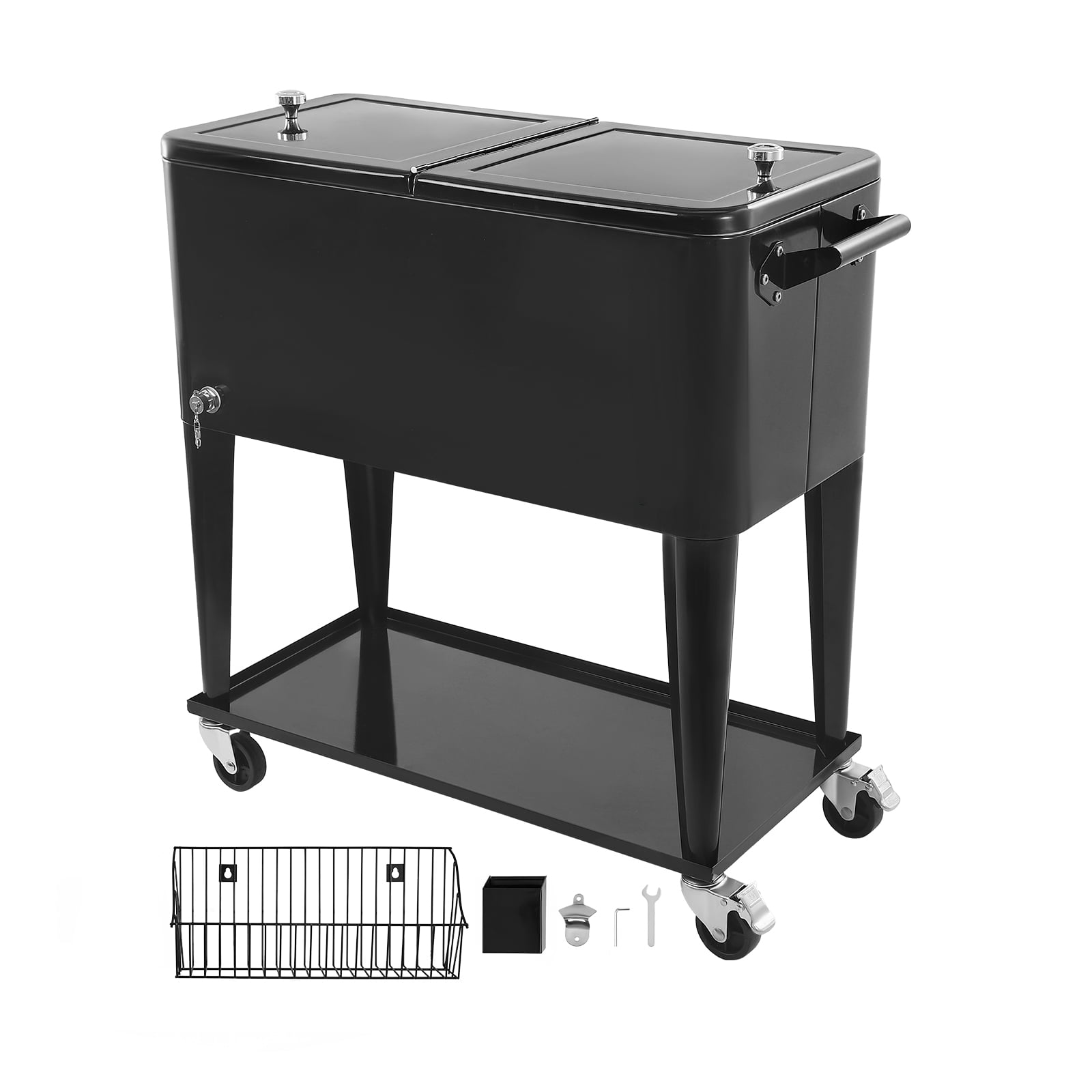 KFFKFF 80 Quart Rolling Ice Chest, Accommodates 50 Bottles or 110 Cans, Mobile Outdoor Party Drink Cooler with Lower Shelf, Beverage Storage with Side Basket and Built-in Bottle Opener, Black