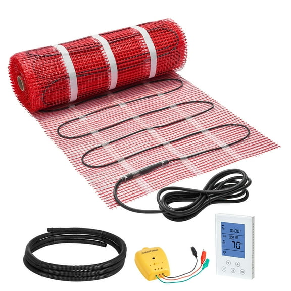 KFFKFF 80 sqft Self-Adhesive Electric Floor Heating Mat System, 120V Radiant Heating with Smart Thermostat & Alarm, Easy Setup for Tile, Stone, Vinyl
