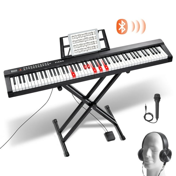 KFFKFF 88 Key Electric Piano Keyboard Set, Semi-Weighted, Full-Size with Bluetooth MIDI USB, Includes Adjustable Stand, Built-In Speakers, Sustain Pedal, and Headphones for Novices