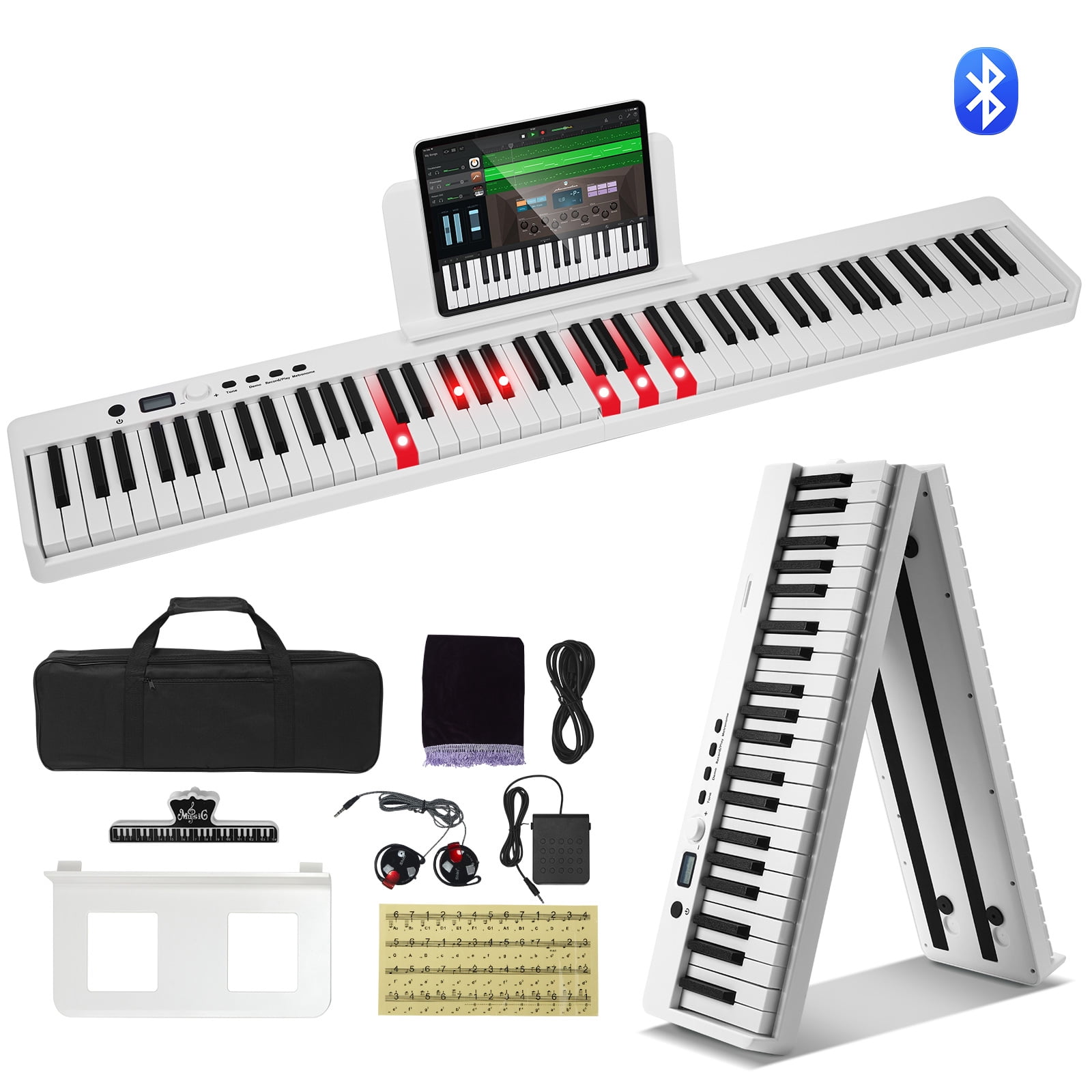KFFKFF 88-Key Foldable Digital Piano for Beginners , Bluetooth & MIDI Compatible, Compact Electronic Keyboard with Sustain Pedal, Carrying Case, Touch Response Keys, Headphones, Rechargeable
