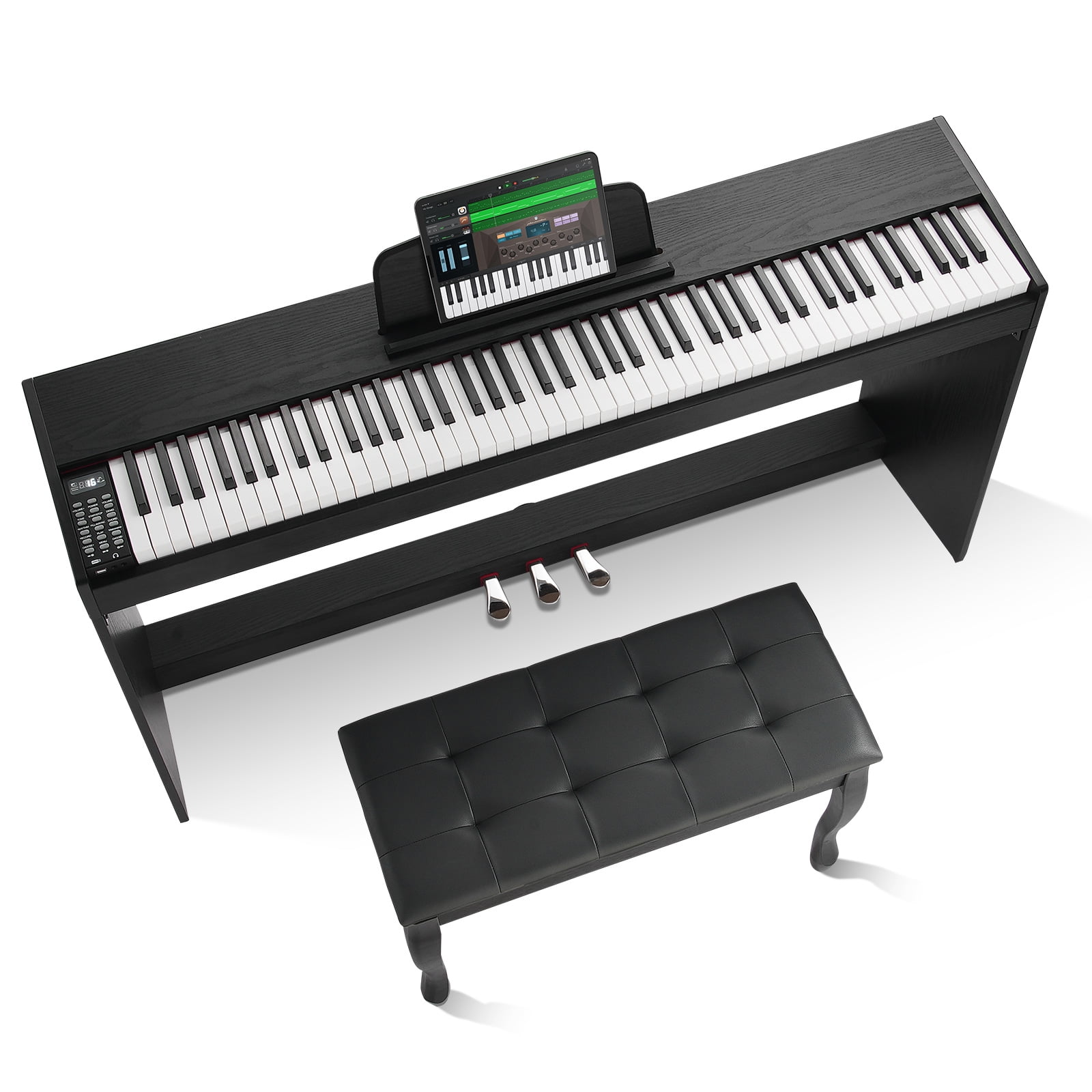 KFFKFF 88-Key Weighted Digital Piano, Dual Keyboard & Speakers, Sleek Stand with Matching Bench, Headphone, 200 Sounds & Rhythms, Bluetooth/USB/MIDI Connectivity for Educational Sessions