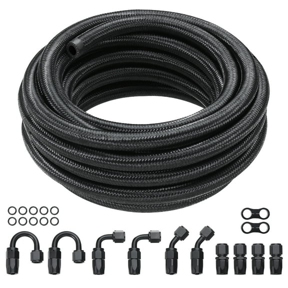 KFFKFF 8AN Fuel Hose Set, 20 FT, 0.43" Nylon & Stainless Steel Woven Oil/Gas/Diesel Line with 12 PCS Rotating Adapter Fittings, Black