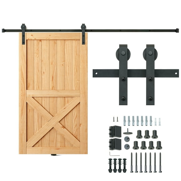 KFFKFF 8FT Barn Door Sliding Mechanism Kit, Supports up to 330LBS, Suitable for Single Door, Accommodates 3.7-4.3FT Wide and 1.3"-1.8" Thick Door Panel, Features Smooth & Quiet Pulley (J Shape)