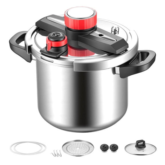 KFFKFF 8Qt Stainless Steel Pressure Cooker with Steaming Rack, Tempered Glass Lid, Adjustable Pressure Settings for Cooking Meat, Beans, Rice, Soup, and Sauces, Maximum Pressure up to 100 kPa