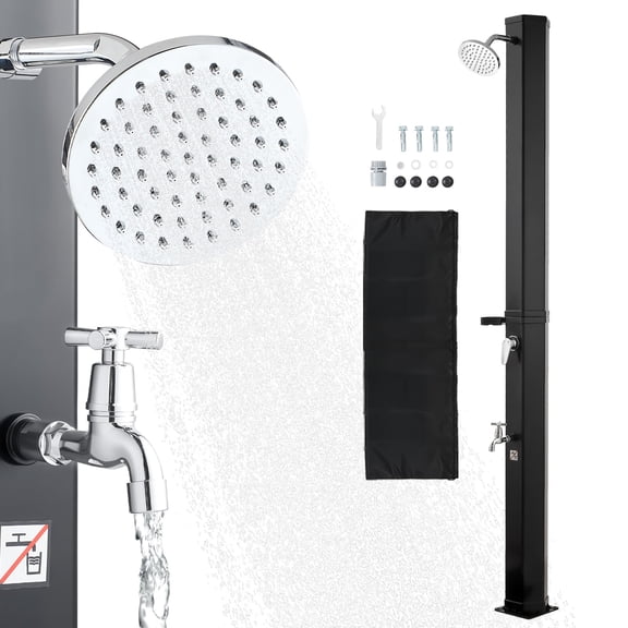KFFKFF 9.2 Gal Solar Heated Outdoor Shower, 6.4ft Height with Showerhead, Foot Faucet & Soap Rack, Adjustable Hot & Cold Water, Freestanding for Backyard, Poolside, Beach, Black