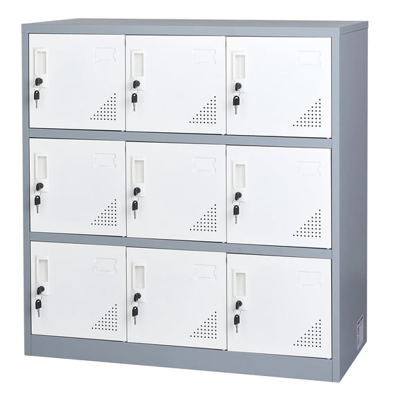 KFFKFF 9-Door Metal Locker, Lockable Steel Storage Cabinet with 66 lbs Capacity, 2 Keys per Door, 3-Tier Employee Locker for Office, School, Gym, Easy to Assemble, 35.4 x 17.7 x 37 in, Gray