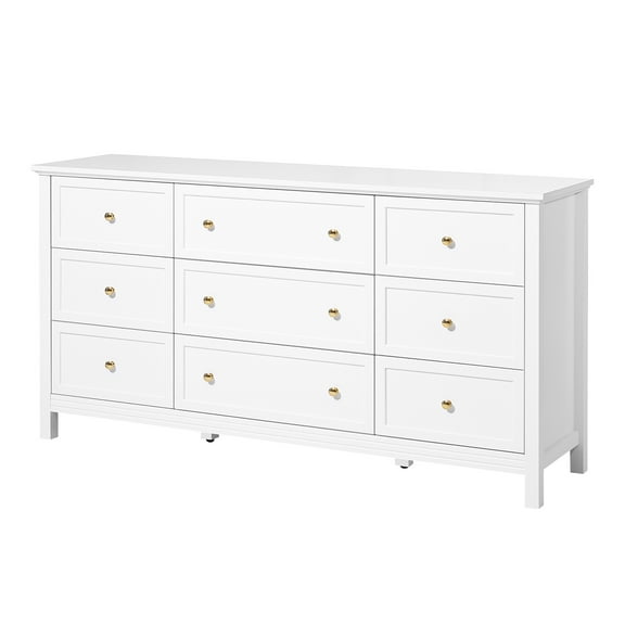KFFKFF 9-Drawer Wooden Dresser with Sliding Drawers and Anti-Tip Design, Minimalist Chest for Storage, Closet Organizer and TV Stand for Living Room, Bedroom, Hallway, Entryway, White