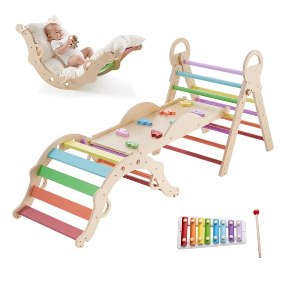 KFFKFF 9-in-1 Toddler Climbing Set with Xylophone, Cushion, Triangle, Arch, and Ramp, 150 lbs Capacity, Foldable Montessori Indoor Playset for Kids, Rainbow
