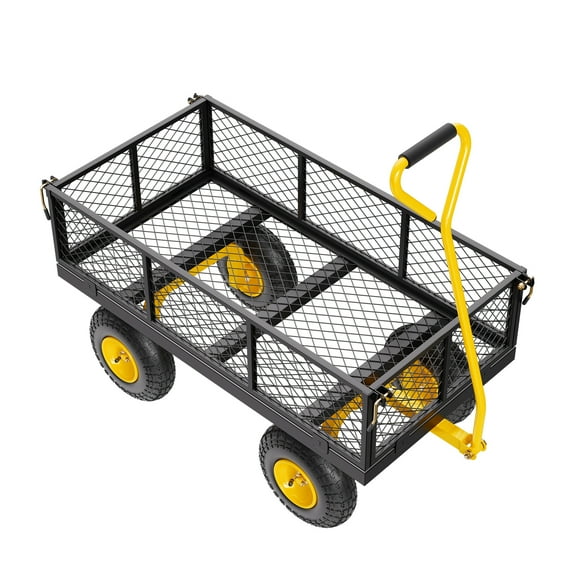 KFFKFF 900 lbs Capacity Steel Garden Cart with Wheels, Outdoor Utility Wagon with 10" Tires, Removable Mesh Sides for Flatbed Conversion, and 180 Rotating Handle