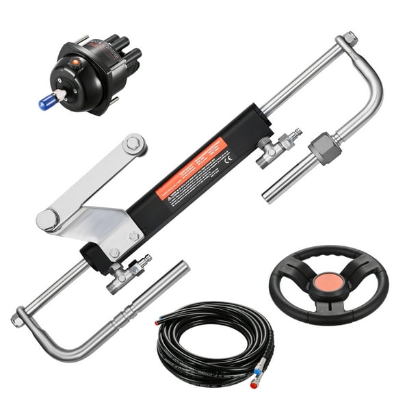 KFFKFF 90HP Hydraulic Steering Equipment for Outboard, Nautical Vessel Hydraulic Steering Mechanism with 13.5-inch Control Wheel, Helm Pump, Hydraulic Cylinder & Pair of 26FT Tubing