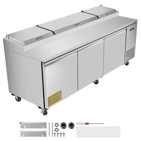 KFFKFF 93"W Commercial Refrigerated Prep Table, 20" Wide Countertop for Food Preparation, 30.8 Cu.Ft Single Door Salad Fridge, Includes 12 Pans and Cutting Board for Pizza and Salad Work