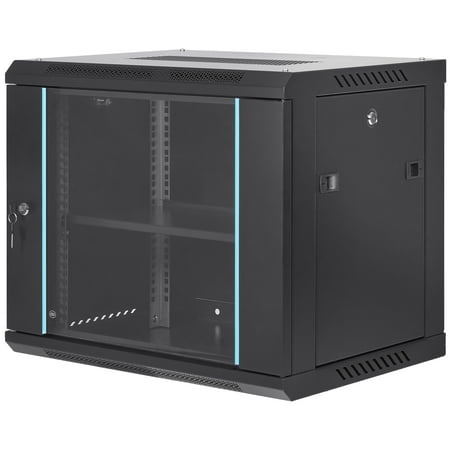 KFFKFF W26409 9U Wall-Mounted Server Network Cabinet, 9U Height 15.5" Depth with Lockable Glass Door 100–200 lbs Load Capacity, Black