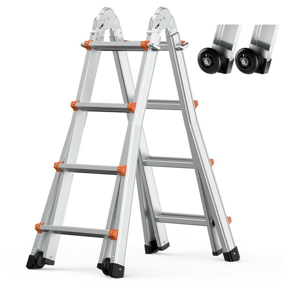 KFFKFF A-Frame Extension Ladder, 15ft Compact Aluminum Telescopic Ladder, Multi-Purpose Foldable RV Ladder, Telescopic Ladder Suitable for Indoor/Outdoor Stairs, Roof Work, Supports up to 330lbs